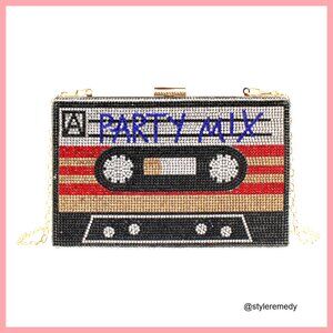Retro Cassette Evening Clutch with Rhinestones, Crossbody/Shoulder Bag for